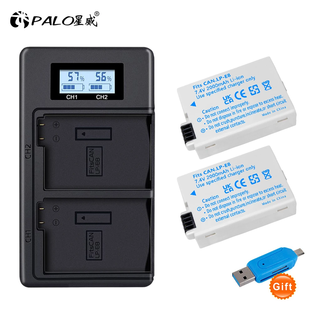 2000mah 7.4V LP-E8 LPE8 LP E8 Battery Batterie AKKU + LCD Dual Charger for Canon EOS 550D 600D 650D 700D X4 X5 X6i X7i T2i T3i