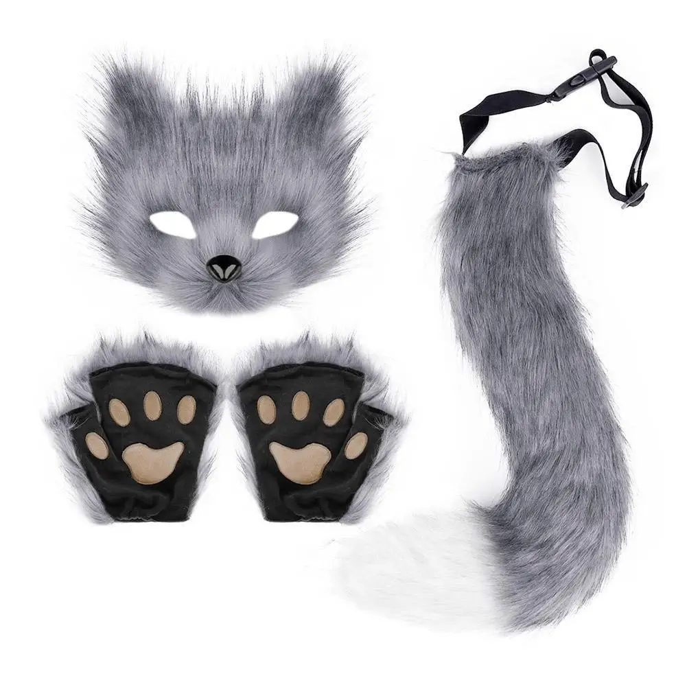 Flauschige Fellschwanz Katzenpfoten Handschuhe und Wolf Therian Maske Set Festival Cosplay Kostüm Zubehör Masken-Sets