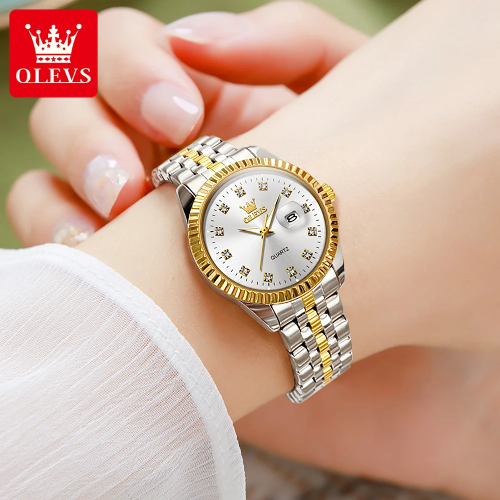 OLEVS jam tangan wanita, Set perhiasan arloji wanita mewah berlian elegan Stainless Steel tahan air bercahaya