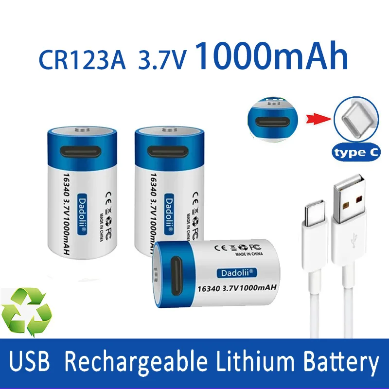 USB Type-C Lithium battery Cr123A 3.7V large capacity 1000mah USB-C fast charging 16340 Cr123A rechargeable lithium-ion USB