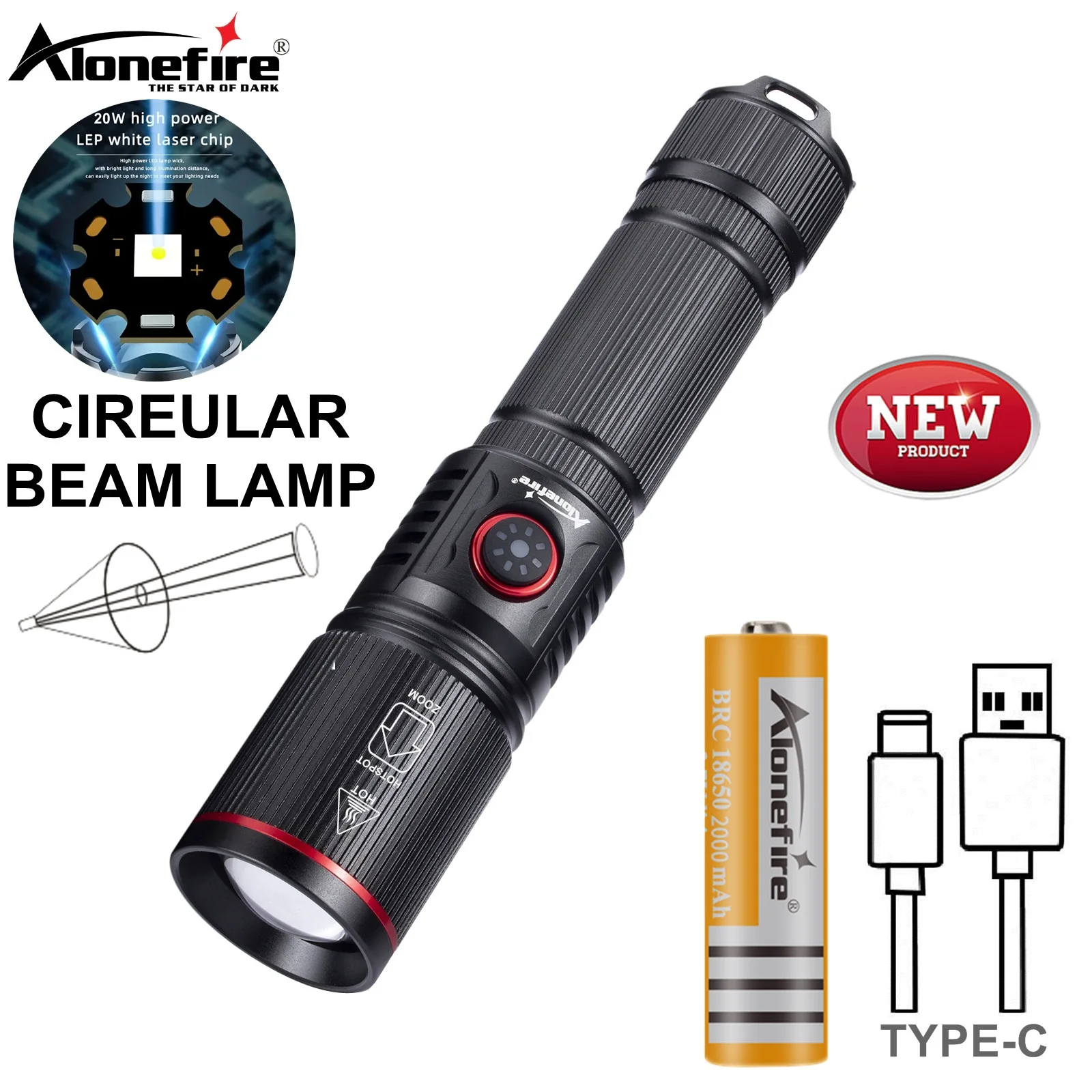 20W Zoom Round Beam Light LED Powerful Flashlight USB Rechargeable Torch Camping Outdoor Hunting Fishing Hiking Lighting Lamp