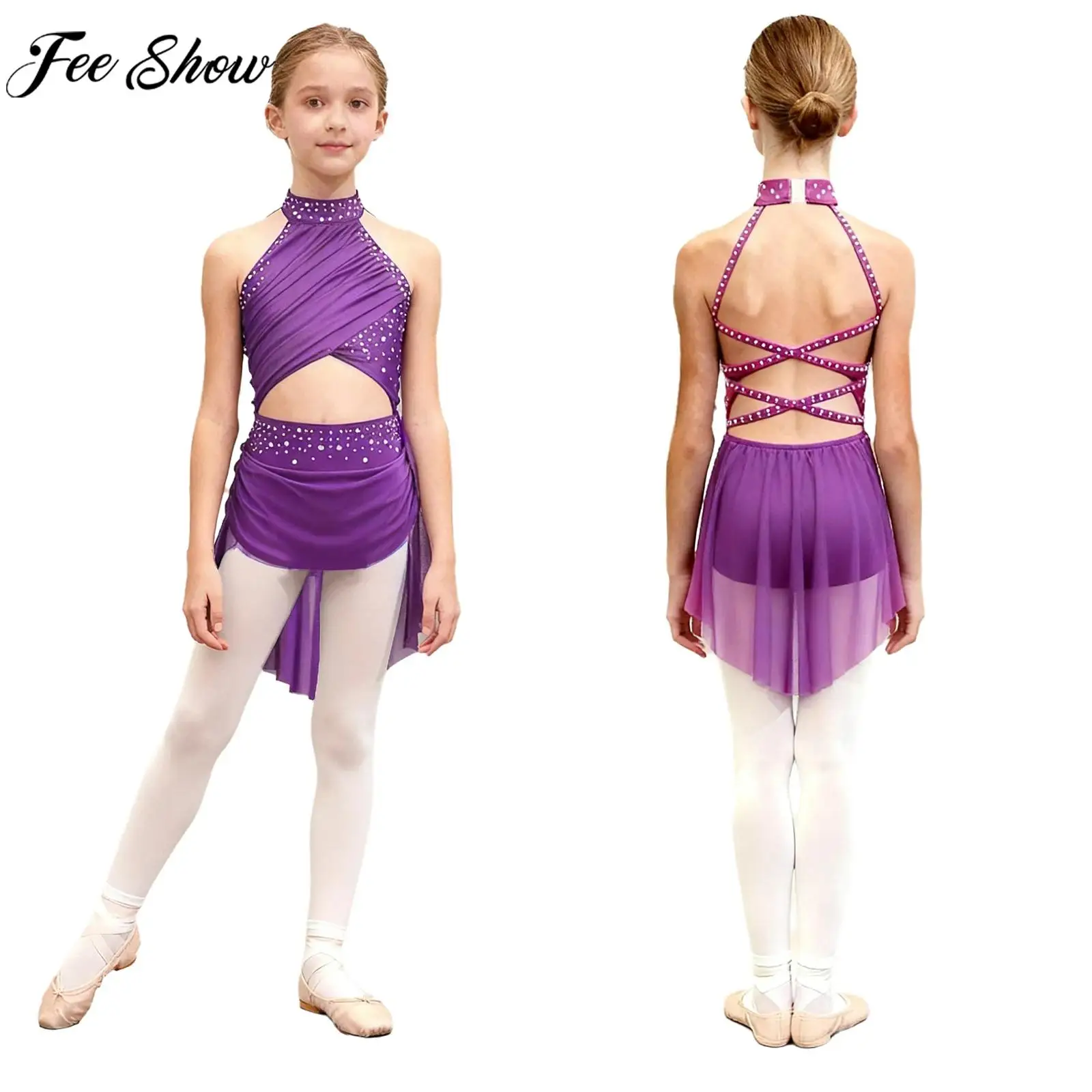 

6-16Y Girl Figure Skating Costume Modern Lyrical Dance Dress Sleeveless Rhinestone Mesh Ballet Gymnastics Leotard Tutu Dancewear