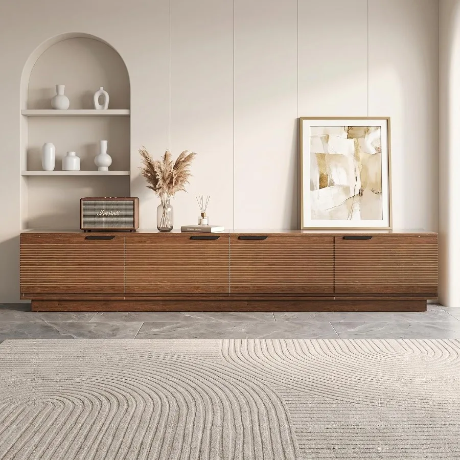 Modern fluted TV stand for 85-inch TVs, MDF wood in matte black, spacious storage cabinets and sleek design