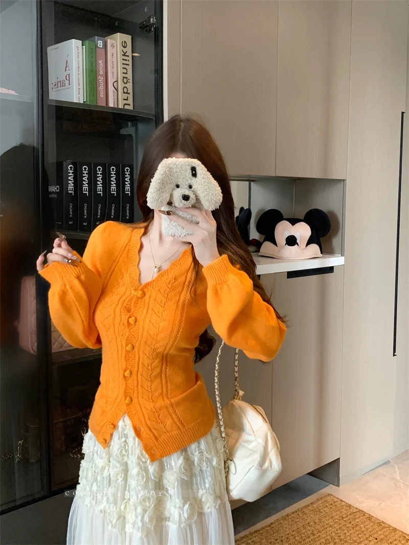 Cardigan aperto V-Ne lavorato a maglia coreano retrò da donna autunno inverno maglione capispalla dimagrante cuore arancione Bule Top