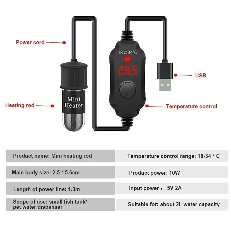 Adjustable 10W Betta Small Aquarium Heater Submersible Fish Tank Heater 5V/2A USB Powered Super Mini Digital Display Thermostat