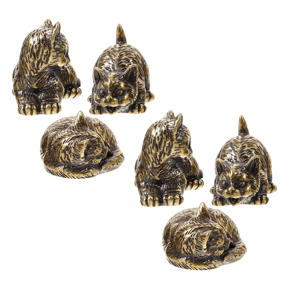 

6Pcs Miniature Brass Cat Statues Retro Design Elegance Desktop Decoration Cat Lovers Brass Cute Cats Figurines