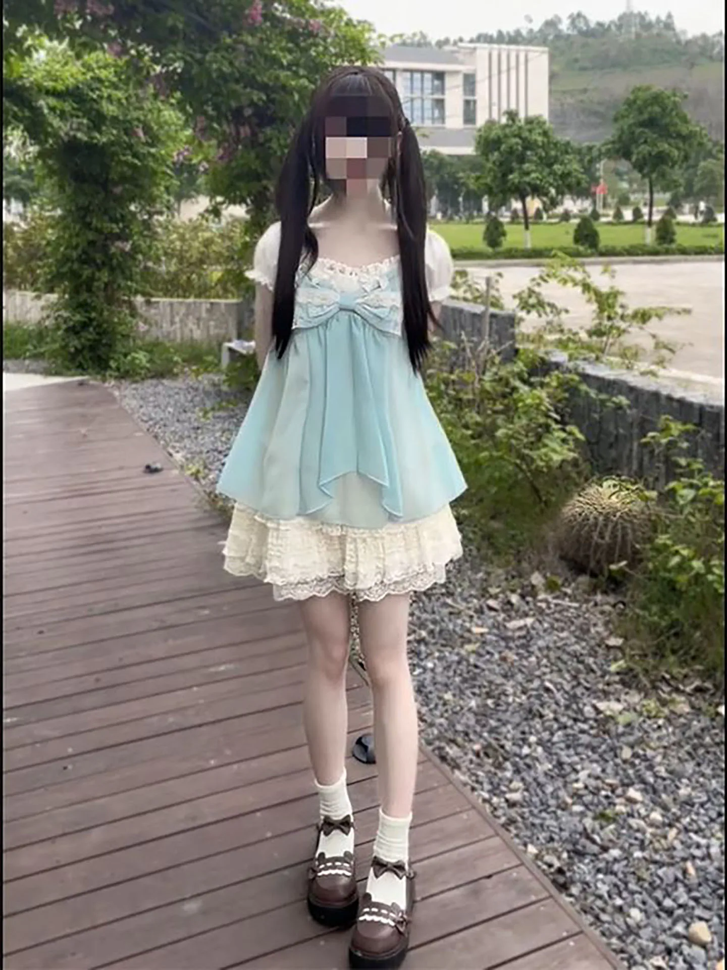

Summer Pastel Blue Knot Shirt Lace Trim Half Skirt Two Piece Set Women's Fashion Casual Wear Regular Fit Short Sleeve