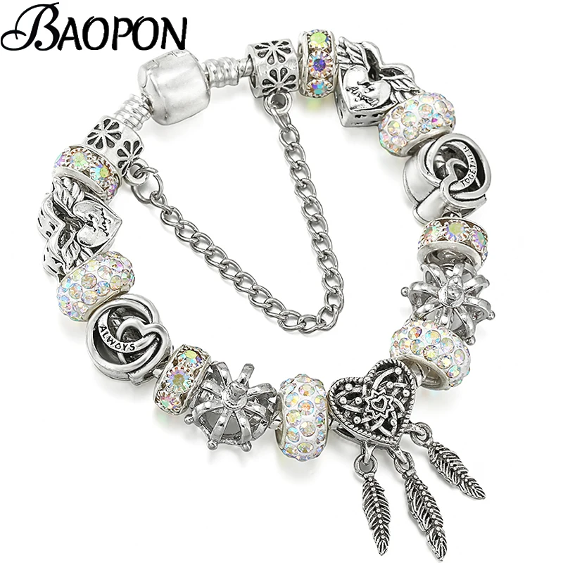 BAOPON Silver Plated Charm Bracelet For Women Men With MOM ALWAYS Beads Bracelet Bangles Jewelry Gift Wholesale Dropshipping