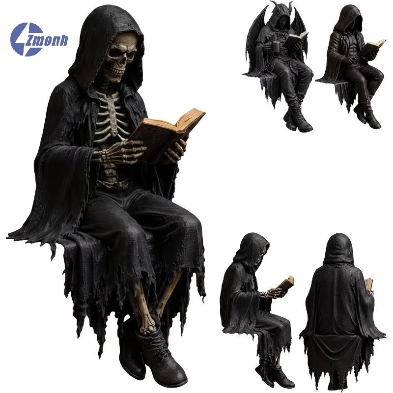 New！Grim Reaper Reading Bookshelf Statue Gothic Resin Black Hooded Skull Decor Miniature Figurine Halloween Desktop Ornaments