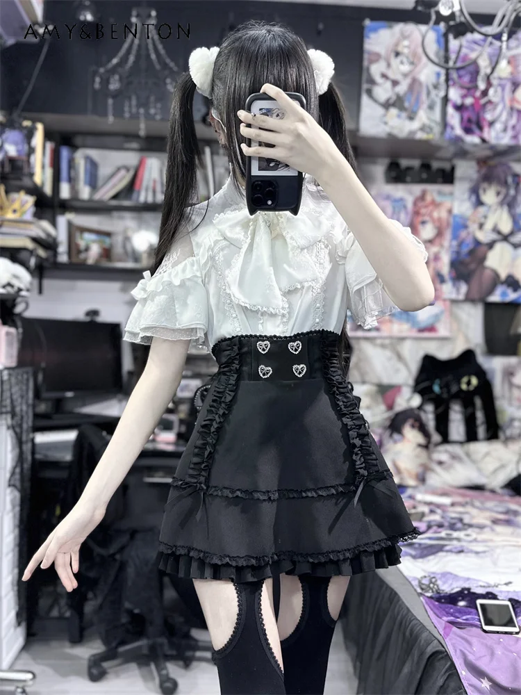 

Mine Mass-Produced High Waist Slimming Mini Skirt Women Japanese Sweet Cute Bow Love Button Ruffled Skirts Gothic Black Skirt