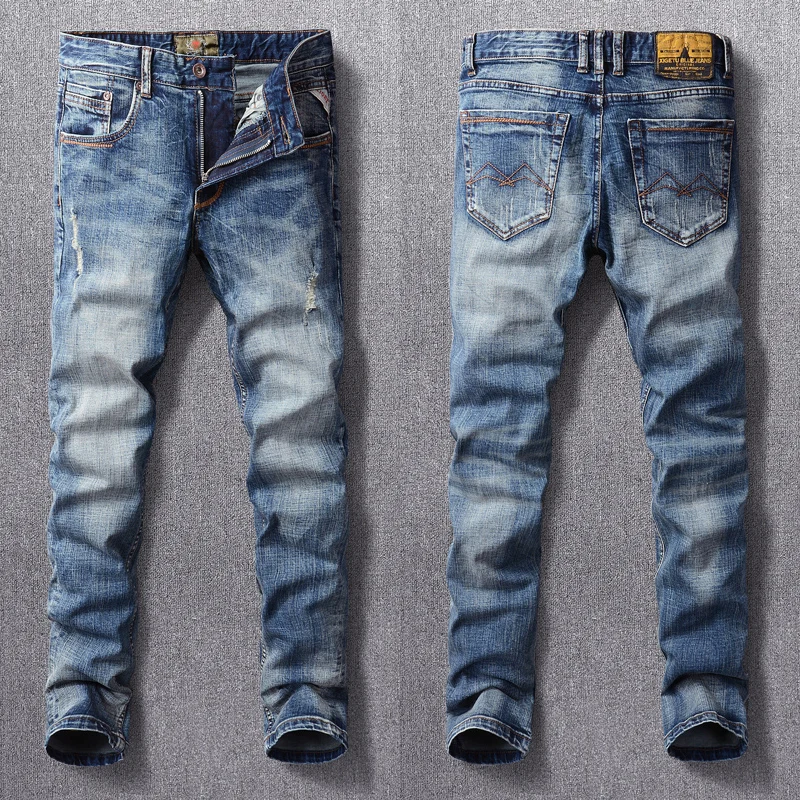 Italienische Mode Männer Jeans Hohe Qualität Retro Blau Elastische Dünne Zerrissene Jeans Männer Vintage Designer Casual Denim Hosen Hombre