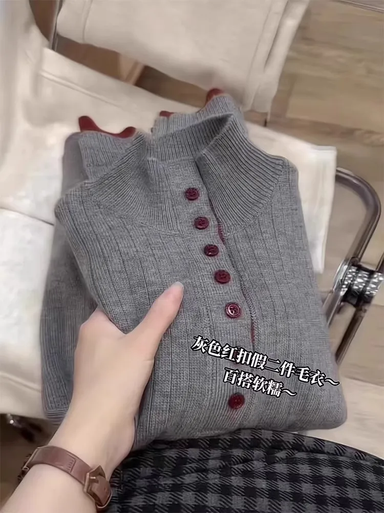 

ay f-High Collar Knitted Sweater Women's Autumn Winter New Sle Single Button Splice Anti-Aging Long Sve Beautiful N...