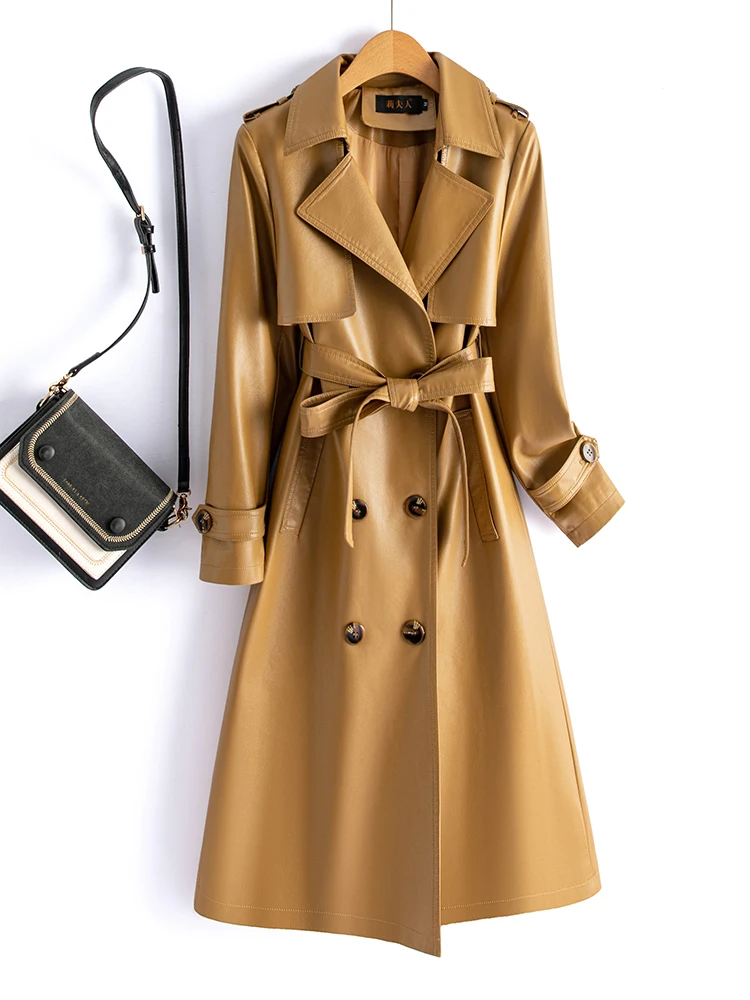   Manteau coupe-vent mi-long en cuir véritable pour femme, version coréenne ajustée, nouvelle collection automne-hiver 2025