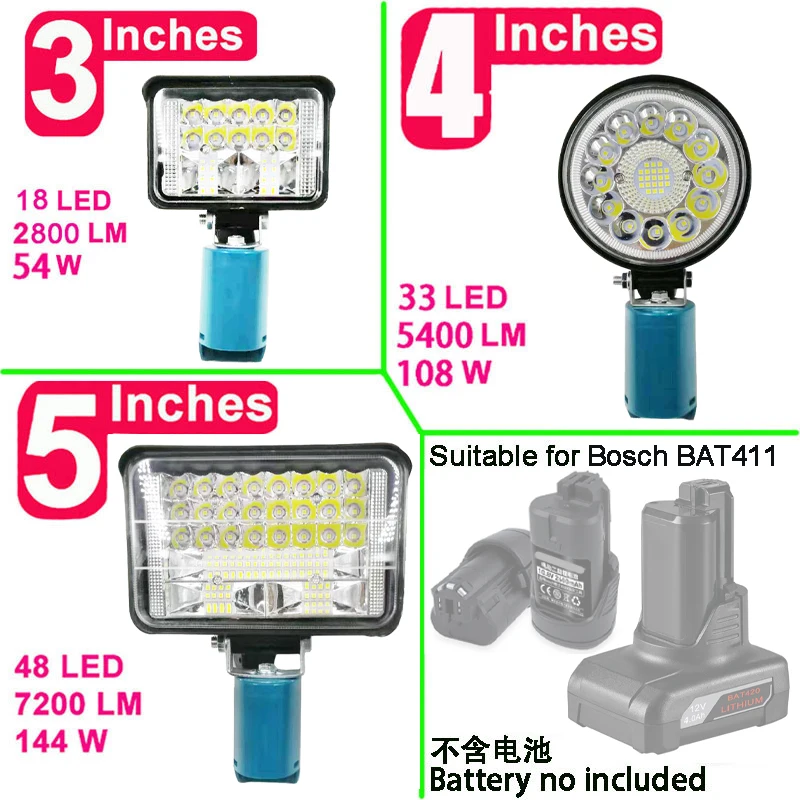 BAT411 LED Work Lights Electric Torch Spotlight Flashlights BAT420 Lamp for Bosch 12V 10.8V Li-ion Battery High Low Ceam Control