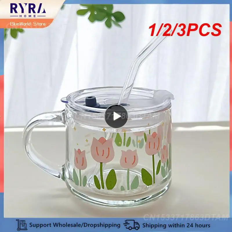 1/2/3PCS Easy To Use Straw Glass Attractive Tulip Glass Elegant Design Coffee Cup Transparent Glass Convenient Lid