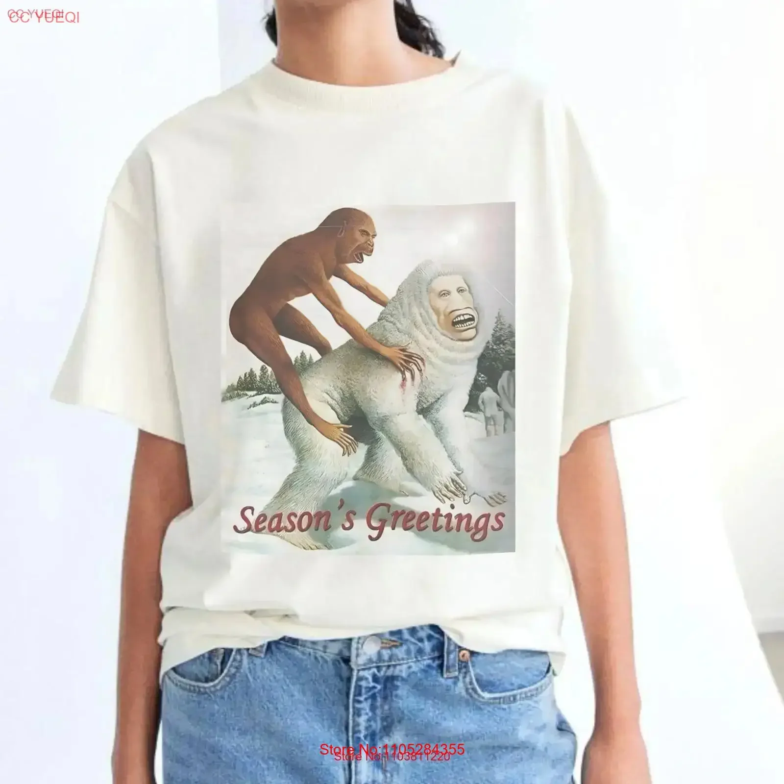 Unhinged Christmas T Shirt Season's Greetings Abominable Snowman Weird Unusual vintage Washed Stylish Top For Everyday Wear