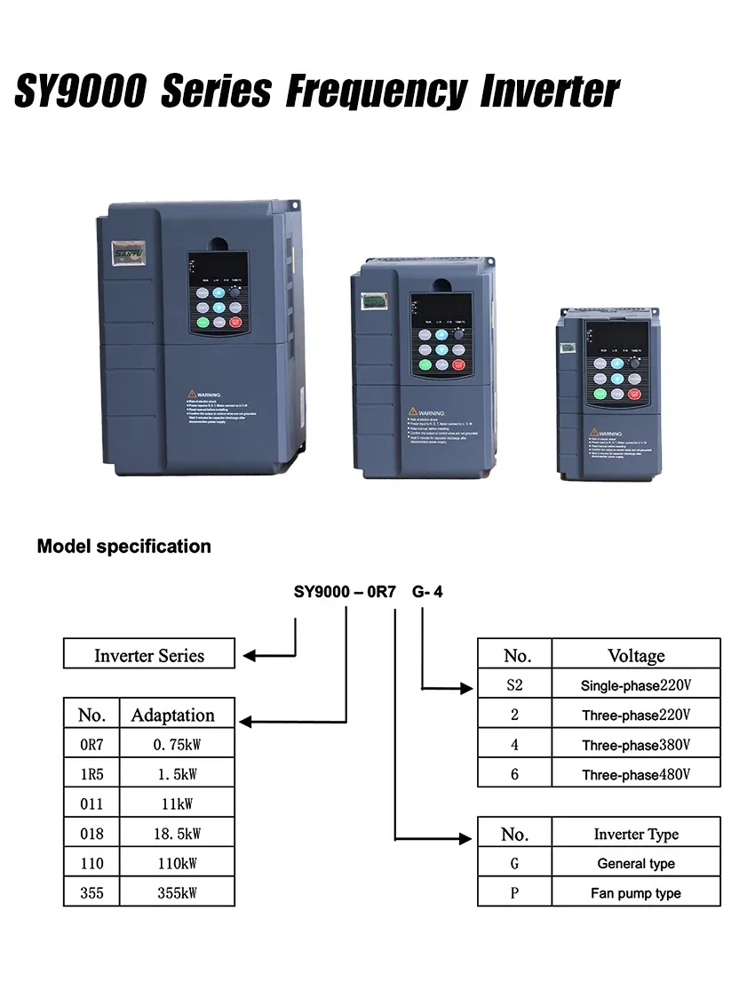 SANYU SY9000 15KW Frequency Inverter VFD VSD AC DC AC Frequency Converter Drives Fan Water Pump 50/60Hz 3 PH 380V