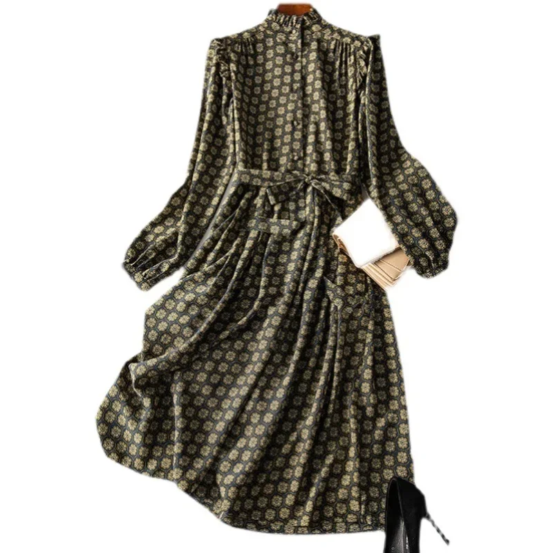 New Attractive and Refined Elegant Small Collar Silky Dress Texture Printing Women Slim Waist Dress French Style