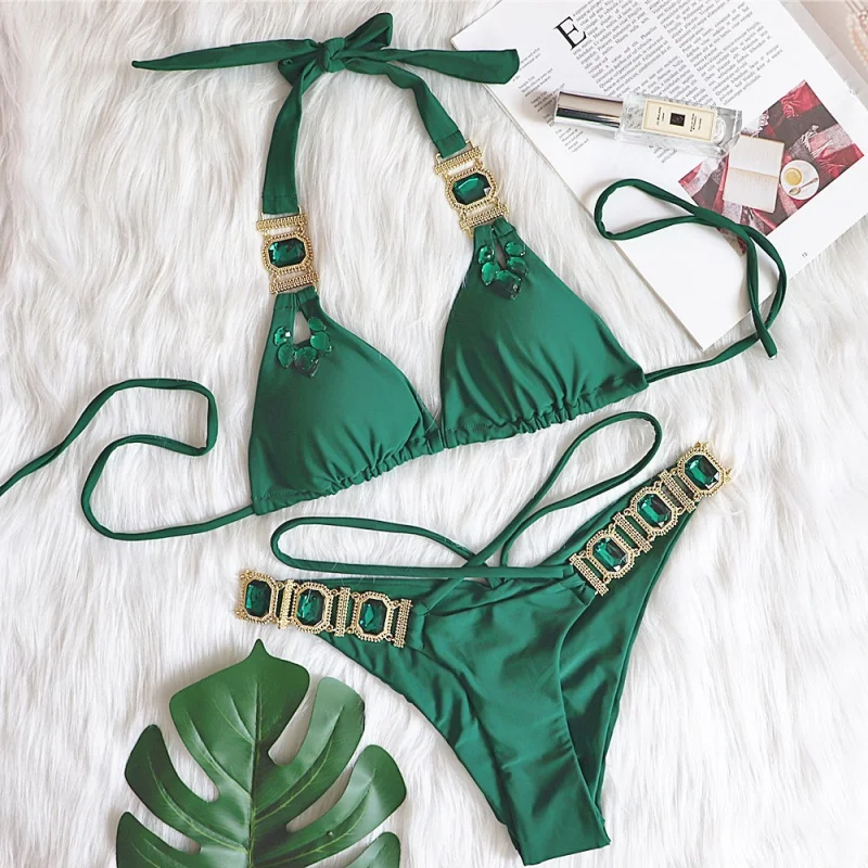 

Bikini Sexy Crystal Diamond Bandage Solid Color Two-Piece Women's Swimsuit