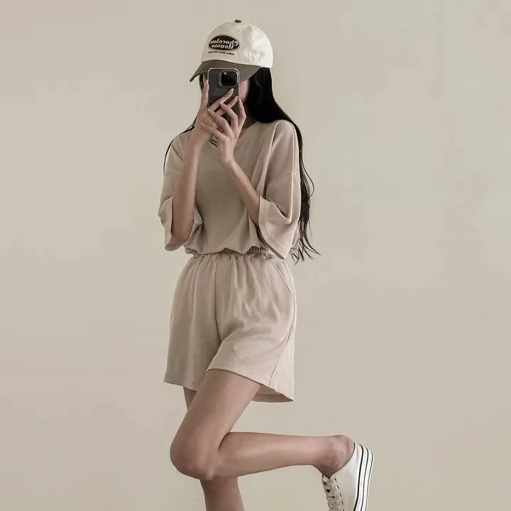 Summer Student Korean Style Loose-fit Tracksuit Solid Color Women Sports Suit Short Sleeveless Cotton Shorts Casual 2 Piece Sets