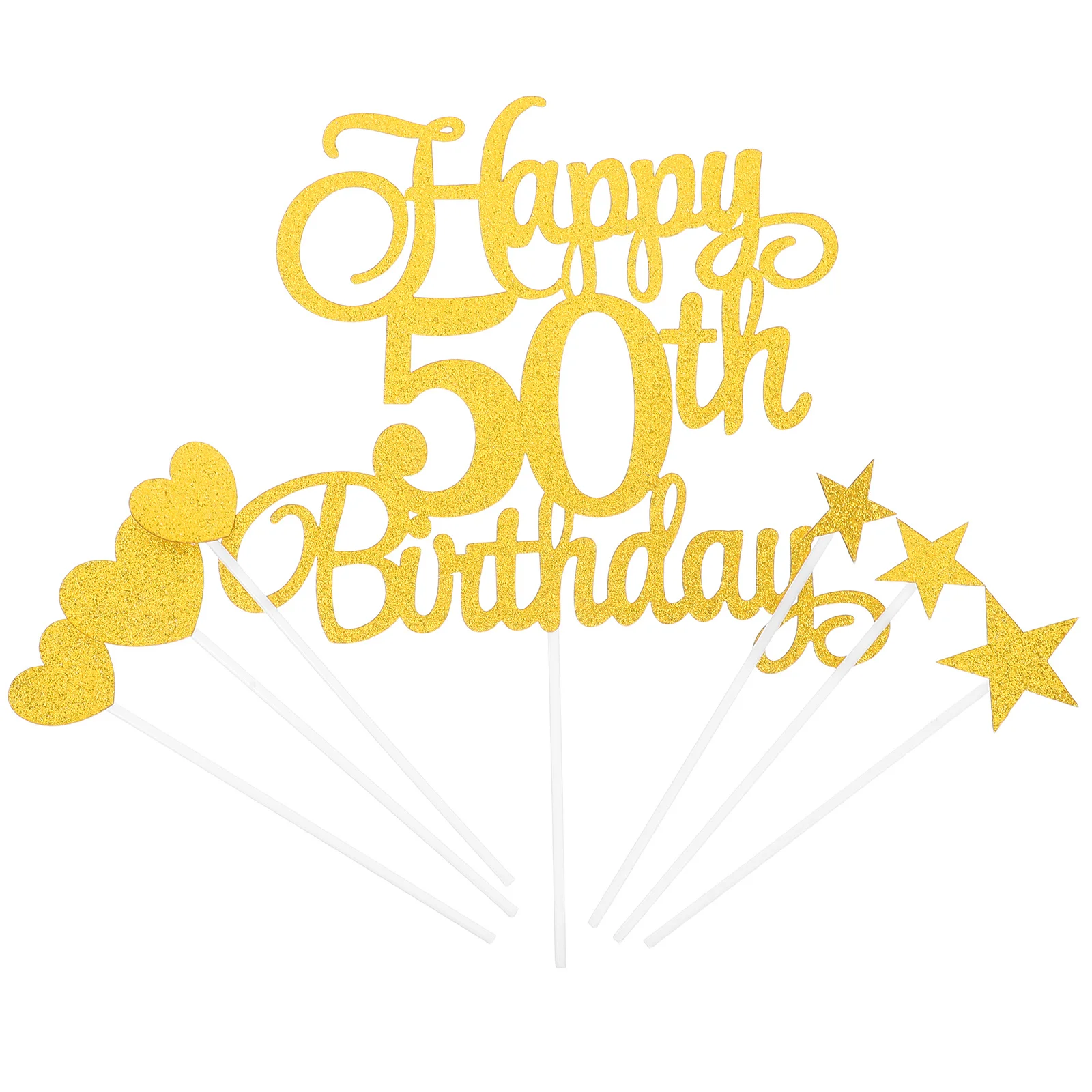 

10Pcs Gold 50 Cake Topper Number Birthday Decoration with Star Heart Elements Celebrate 50 Years Old Party Cake Insert Picks