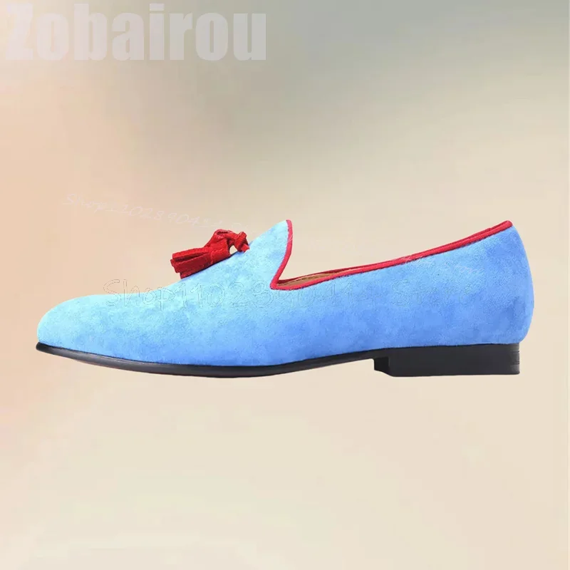 

Red Tassels Decor Sky Blue Suede Penny Loafers Fashion Slip On Men Shoes Luxury Handmade Party Banquet Office Men Casual s Shoes