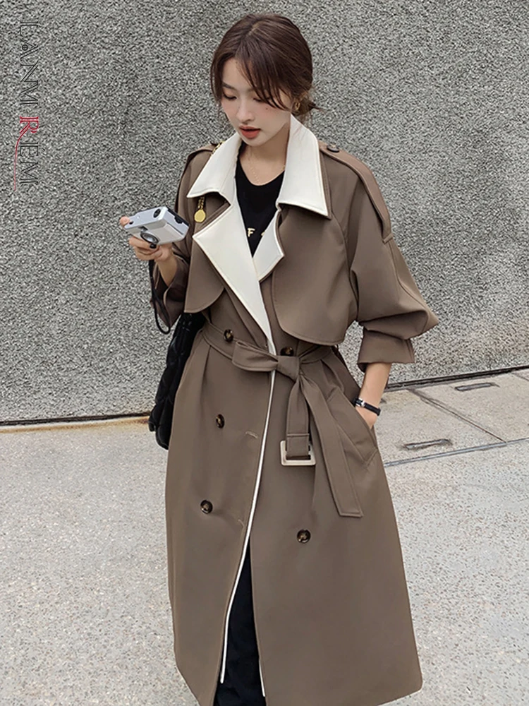 LANMREM Vintage Contrast Color Trench Coat Women Lapel Belt Double Breasted Windbreaker Fashion 2023 Autumn New Clothing 2AA3101