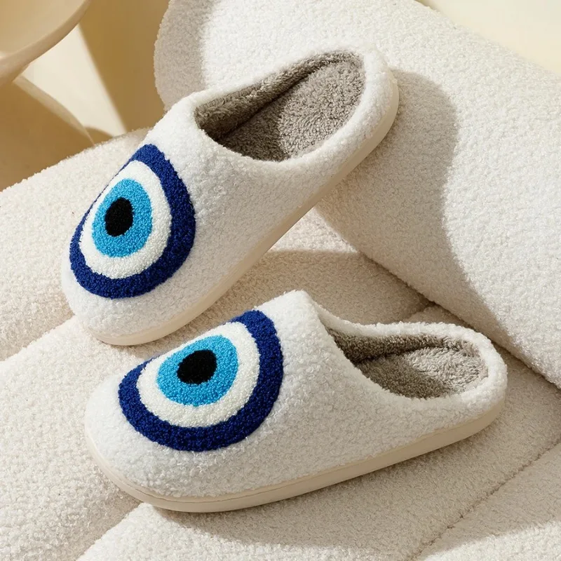 Evil Eyes Blue Embroidery slippers High Quality Women Men Slippers Fashion Pattern Shoes Warm Home Devil\'s Eyes Houseshoes