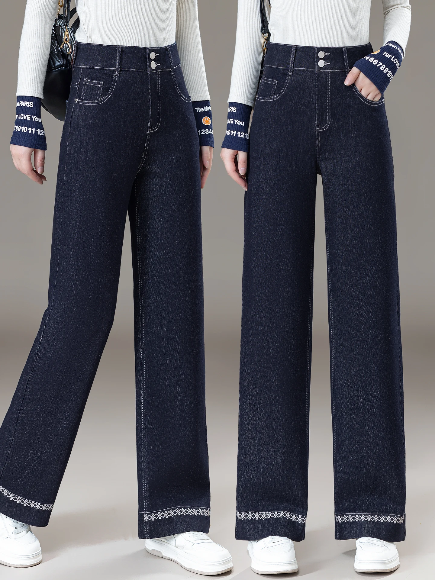 

Джинсы женские Deep Blue с высокой талией, прямые, широкие штанины, весна-осень, новый стиль, утягивающие, с вышивкой, повседневные