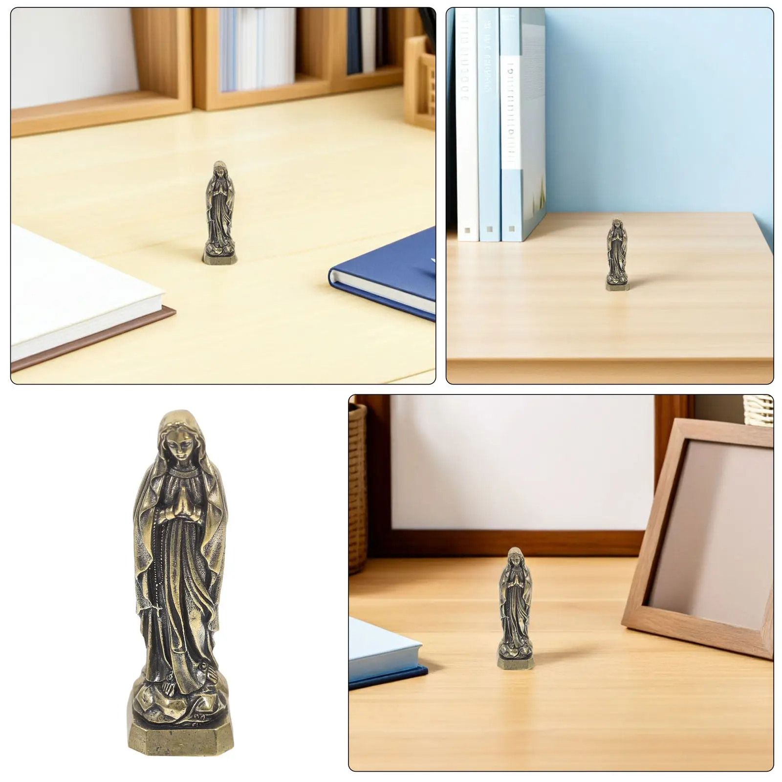 3Pcs Brass Virgin Mary Sculpture Small Retro Miniature Home Office Bedroom Bookshelf Spiritual Table Decoration