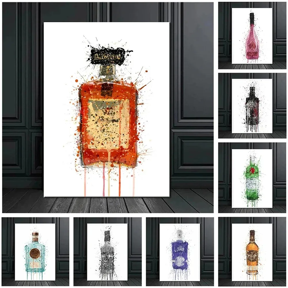 Póster abstracto de botella de champán, impresiones de whisky amartto, decoración de sala de estar, Graffiti, botellas de vino y cerveza, pintura en lienzo, arte de pared