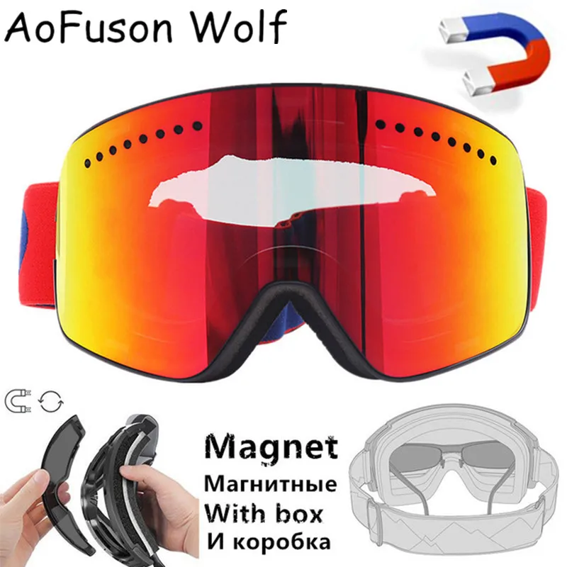 

Магнитные лыжные очки, профессиональные двойные противотуманные очки UV400, большие сферические мужские и женские маски, очки для катания на лыжах, сноуборде, очки с коробкой