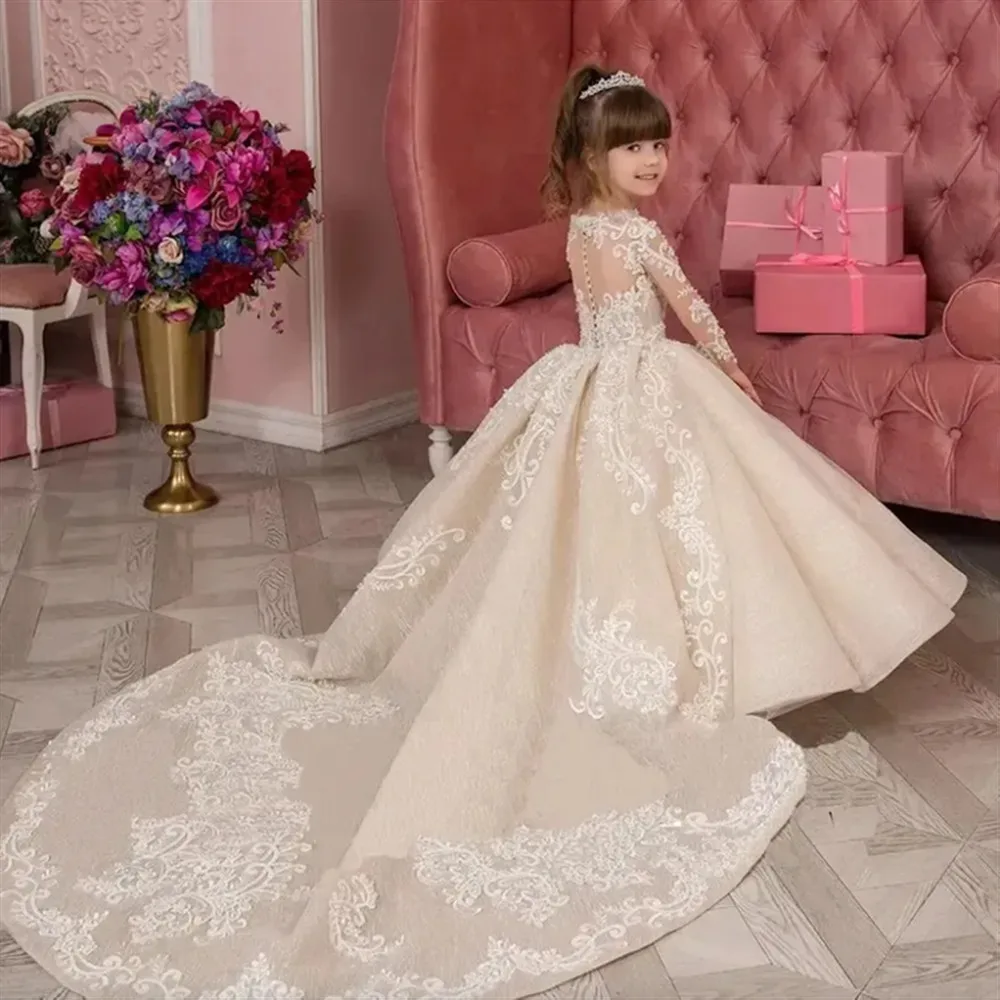 

Customized Fluffy Flower Girl Wedding Dress Appliques Full Sleeves Ball Gown Little Princess Kids Birthday Party Evening Dress