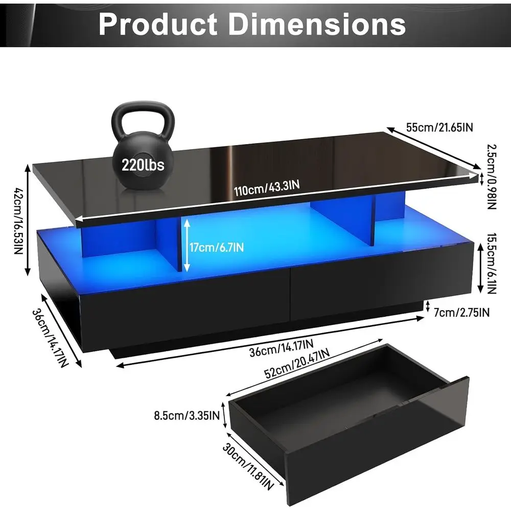 43in Large LED Coffee Table w/ 2 Big Storage Drawers, 60,000-color Lights, App Control, High Glossy Black, 2-Tier Center Table w