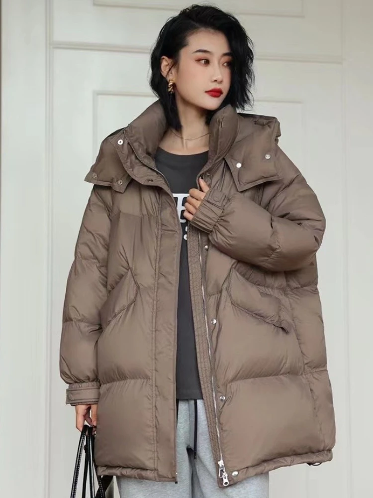 Women\'s Down Jacket Winter Coat Female Simple Casual Loose Hooded Outerwears Windproof Thickened Warm Mid-length Puffer Coats