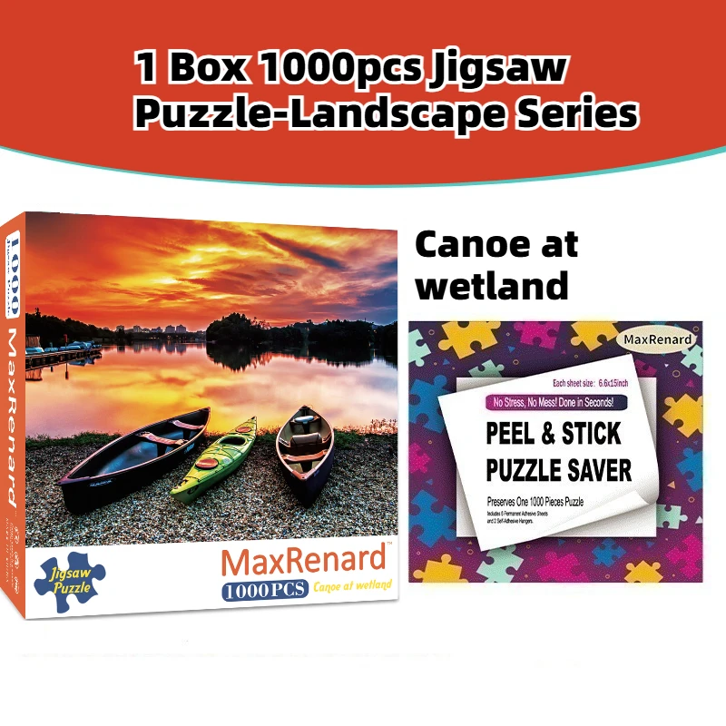 PUZZLE SET: 1000 Pieces Cardboard Wetland Canoe Landscape Jigsaw Puzzle With 6 Self-Adhesive Back Stickers & 2 PET Hooks