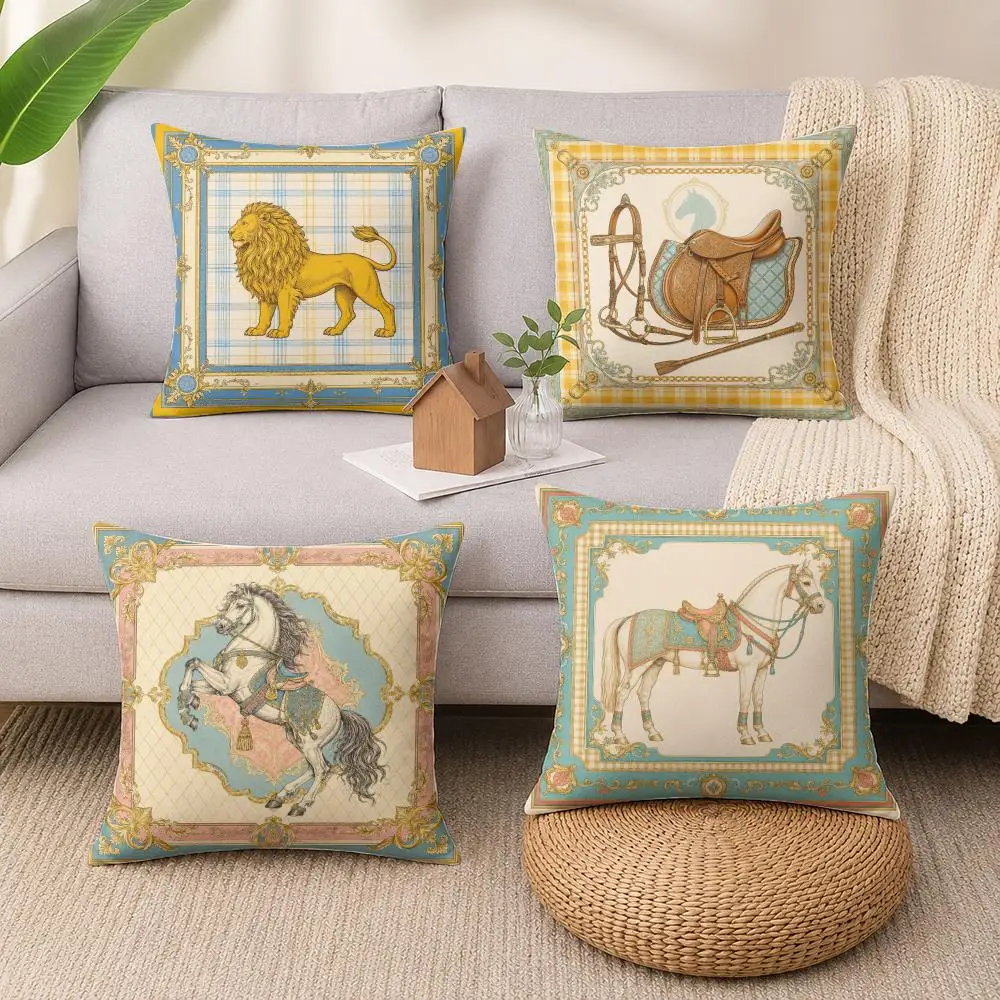 Luxury Vintage Horse & Lion Cushion Cover Soft Short Plush Pillow Cases Hidden Zipper Cutecore Sofa Bedroom Home Decor Gift