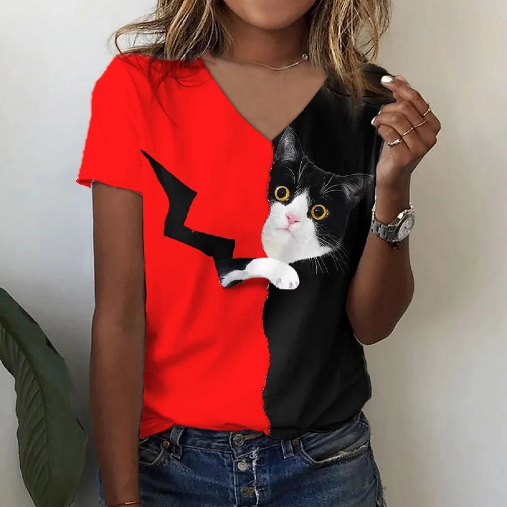 

3D Funny Cats Print T Shirts For Women V-neck Short Sleeve Casual Fashion Kawaii Graphics T-shirt Oversized Female Girls Clothes