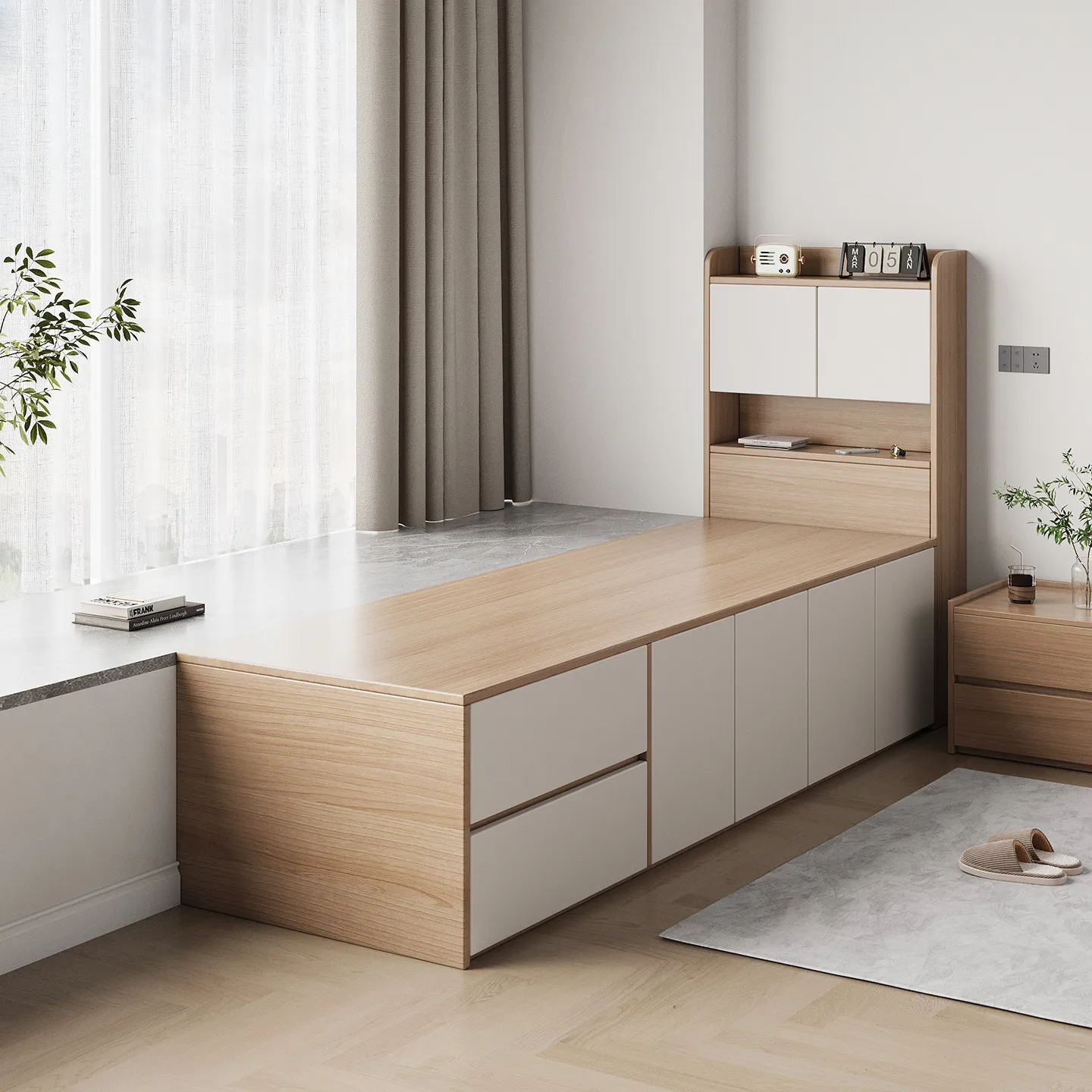 Solid wood custom bay window bed transformation storage bedside simple small apartment half change bed customization
