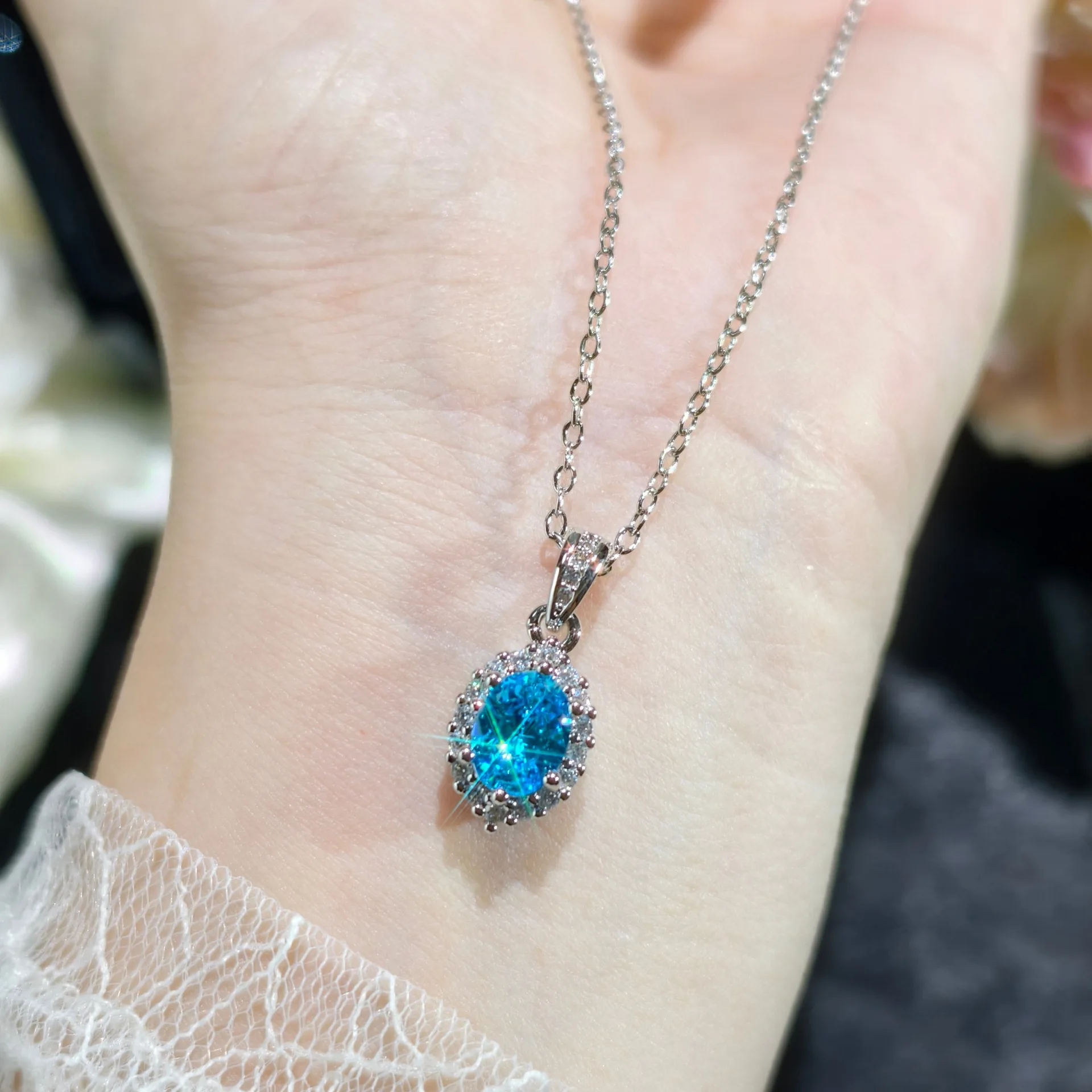 

Trendy Ice Flower Crystal Necklace Women Jewelry Set Shiny Blue Stone Pendant For Lady Wedding Accessories Gift For Lover