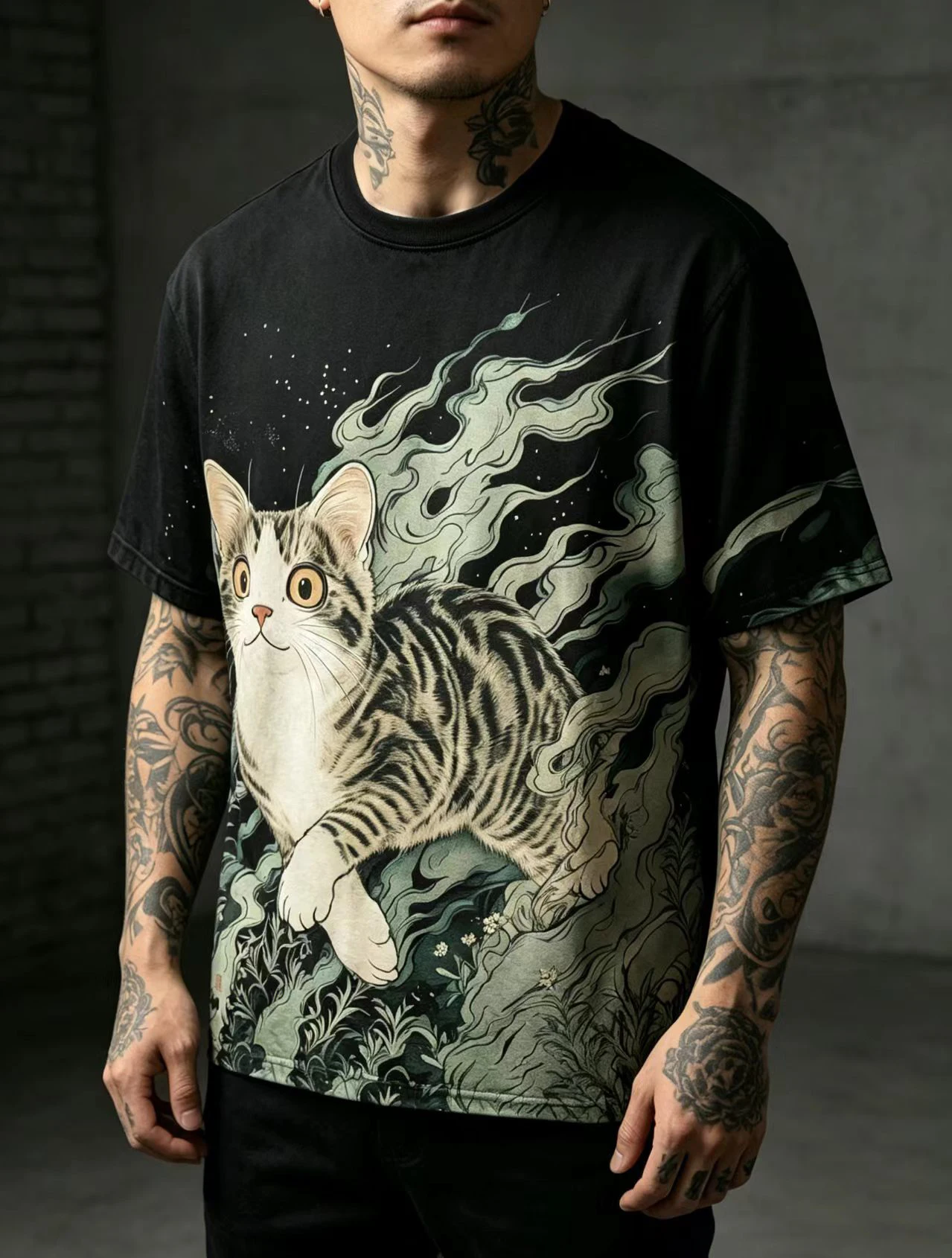 Chinese style cat ink printed short sleeved T-shirt, loose round neck, comfortable summer, needle eye fabric, street trendy top
