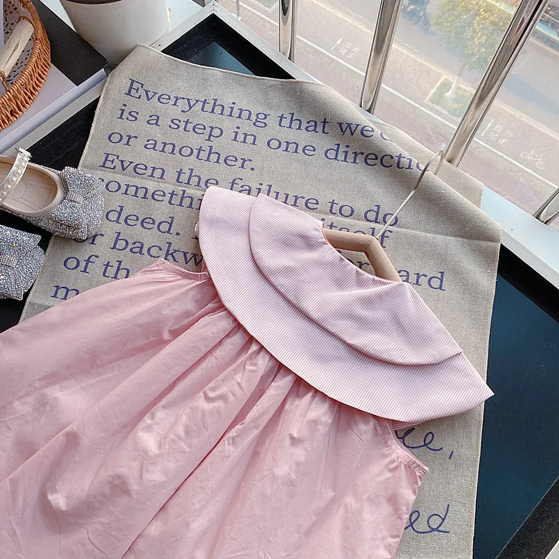 Gaun Anak Perempuan Pakaian Musim Panas Gaun Rompi Ruffle Kerah Ganda Merah Muda Gaun Putri Tanpa Lengan Anak