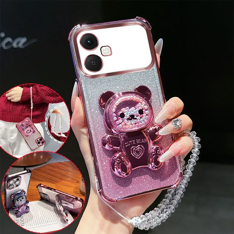 4 Corner Shockproof Phone Case with Cute 3D Bear Stand Crystal Chain Lanyard Glitter Transparent For Infinix Smart 20 Back Cover