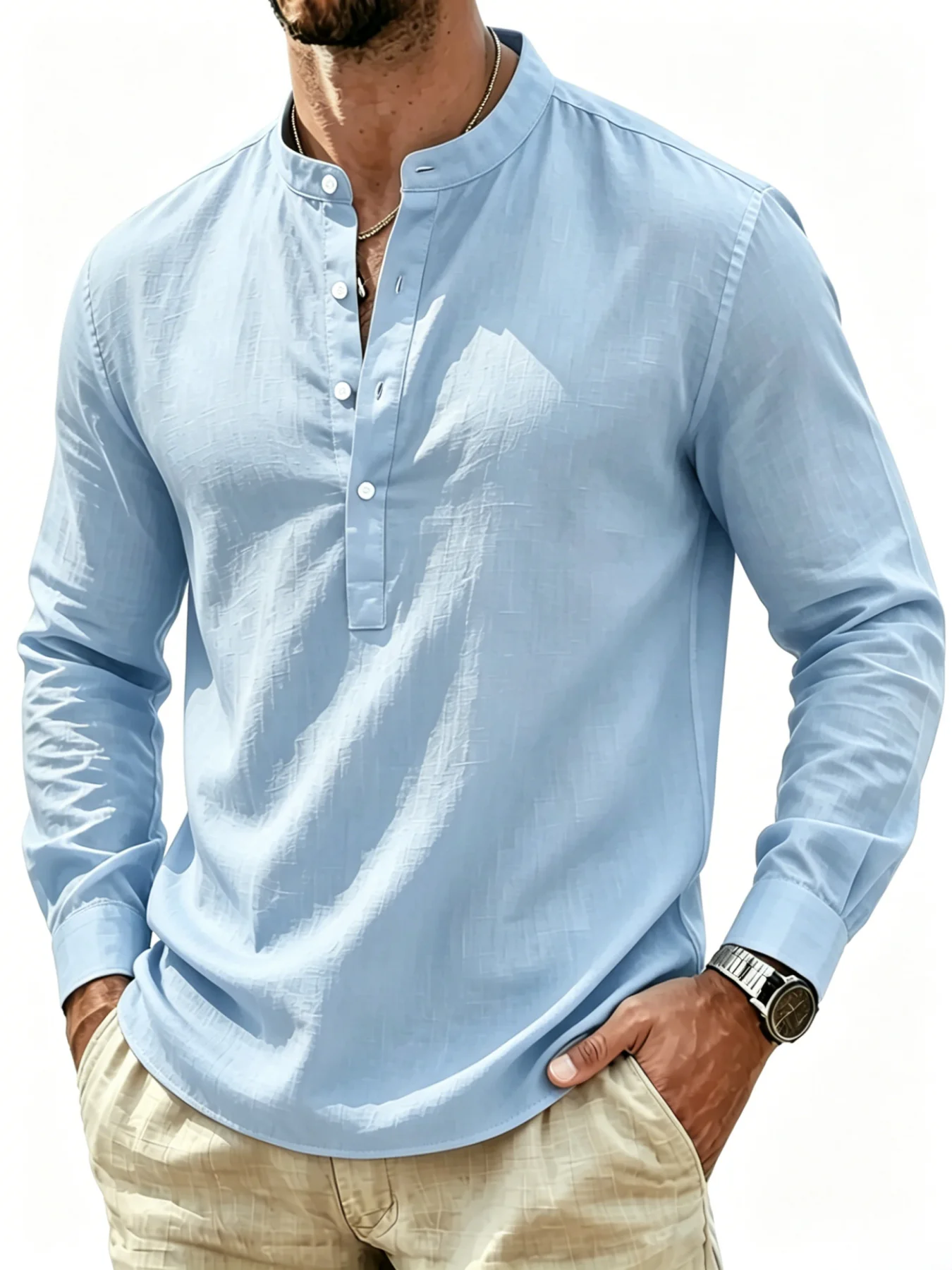 Men's Henley Collar Long Sleeve Shirt Lightweight Breathable Casual Linen Style Henley Shirt for Men Daily Beach Wear