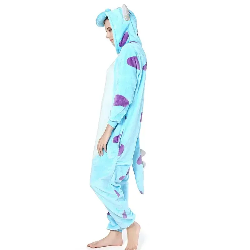 Qq38Sullivan Pakaian Tidur Kigurumi Ekor Berkerudung Flanel Kartun Anime Piyama Uniseks Onesies Kasual Tebal untuk Dewasa Anak-anak Hallowee