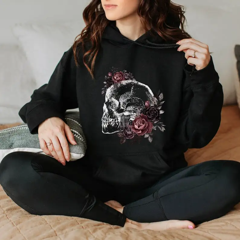 

Skull and Roses Hoodie, Fall Vintage Sweatshirt, Halloween Skeleton Hoodie, Spooky Season Hoodie, Scary Gothic Halloween Sweater