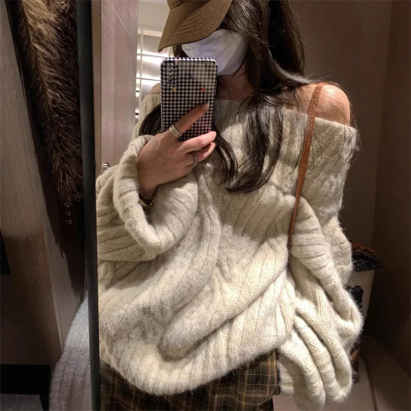 

Women Pullovers Sweaters Off Shoulder Slash Neck Jumpers Y2k Streetwear Elegant Splice Knit Casual Solid Work Autumn Winter