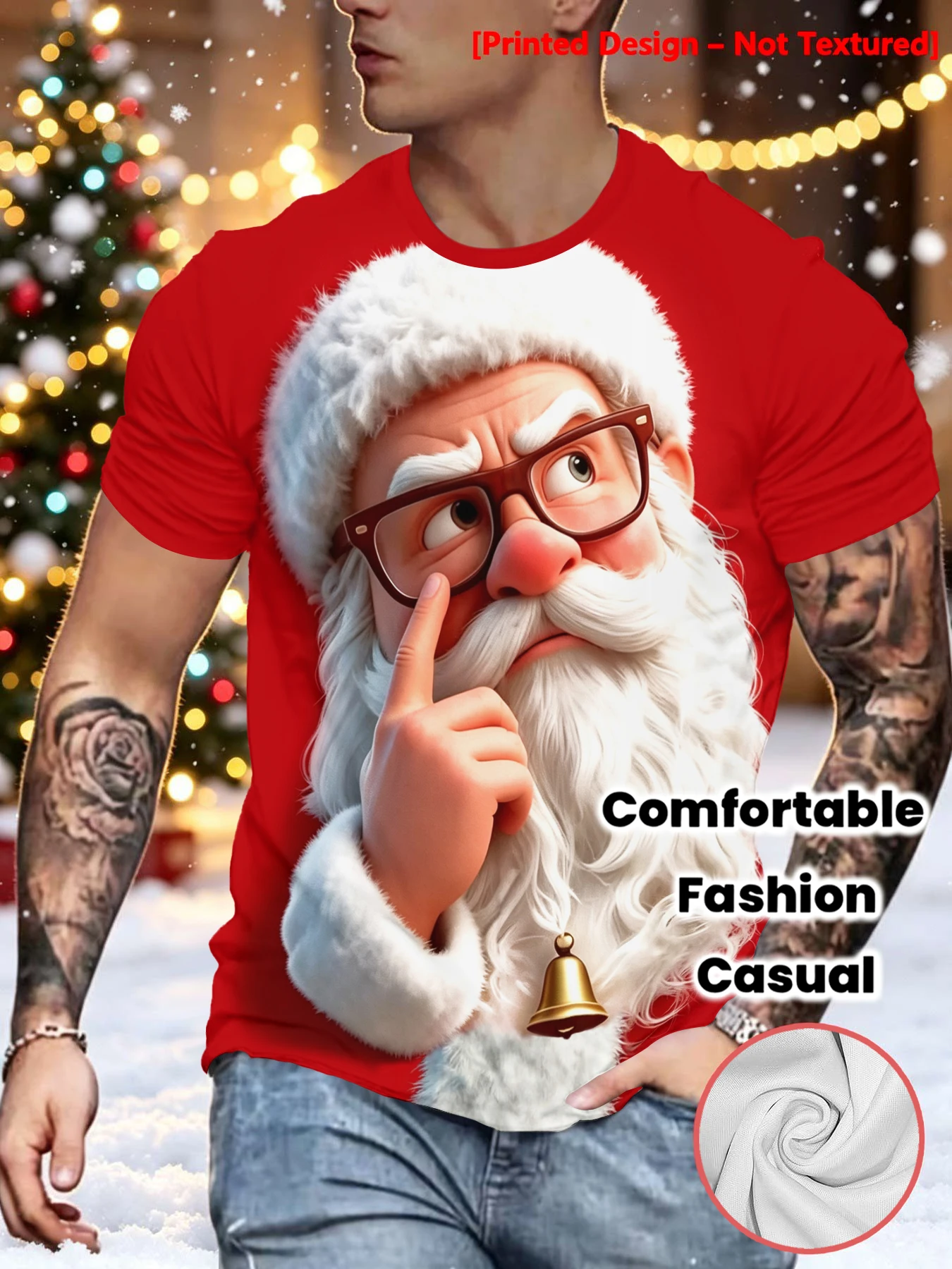 Christmas Holiday Men's Cartoon Santa Claus Print Short-Sleeved T-Shirt, Creative Visual Effect Round Neck Top, Casual and Comfortable Loose Fit, Fun Printed Top for Men for Holiday Parties and Daily Wear