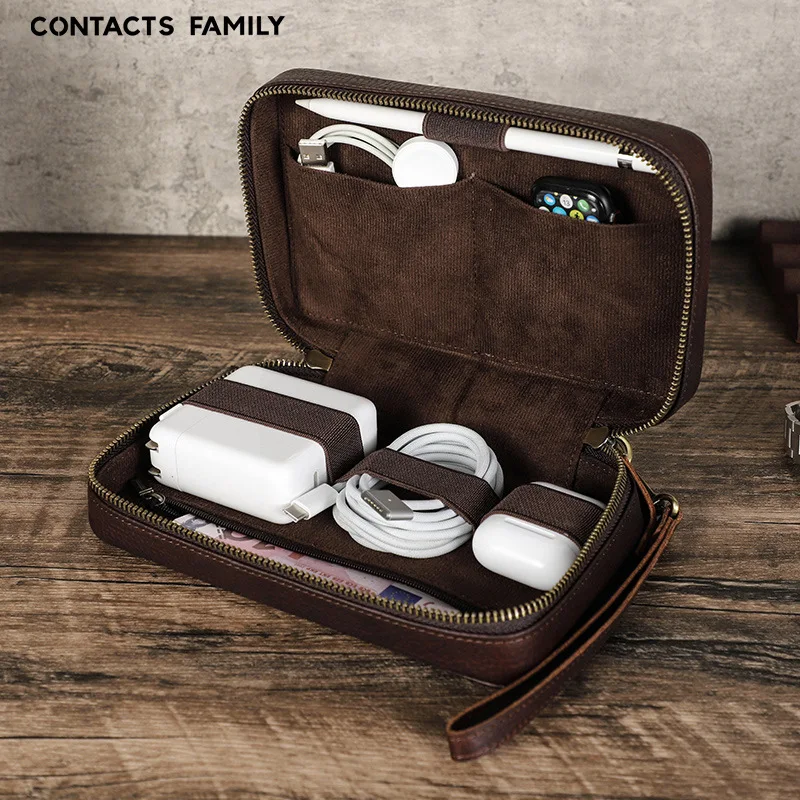 For Apple Data Cable, Capacitive Pen, Leather Storage Box, Handmade Mobile Phone Accessories, Zipper Storage Bag