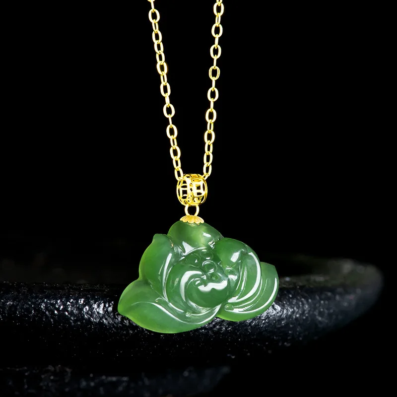 Green Hetian Jade Lotus Pendant Necklace Real Jewelry Carved Amulet 18K Gold Plated Designer Natural Gemstone Nephrite Jasper